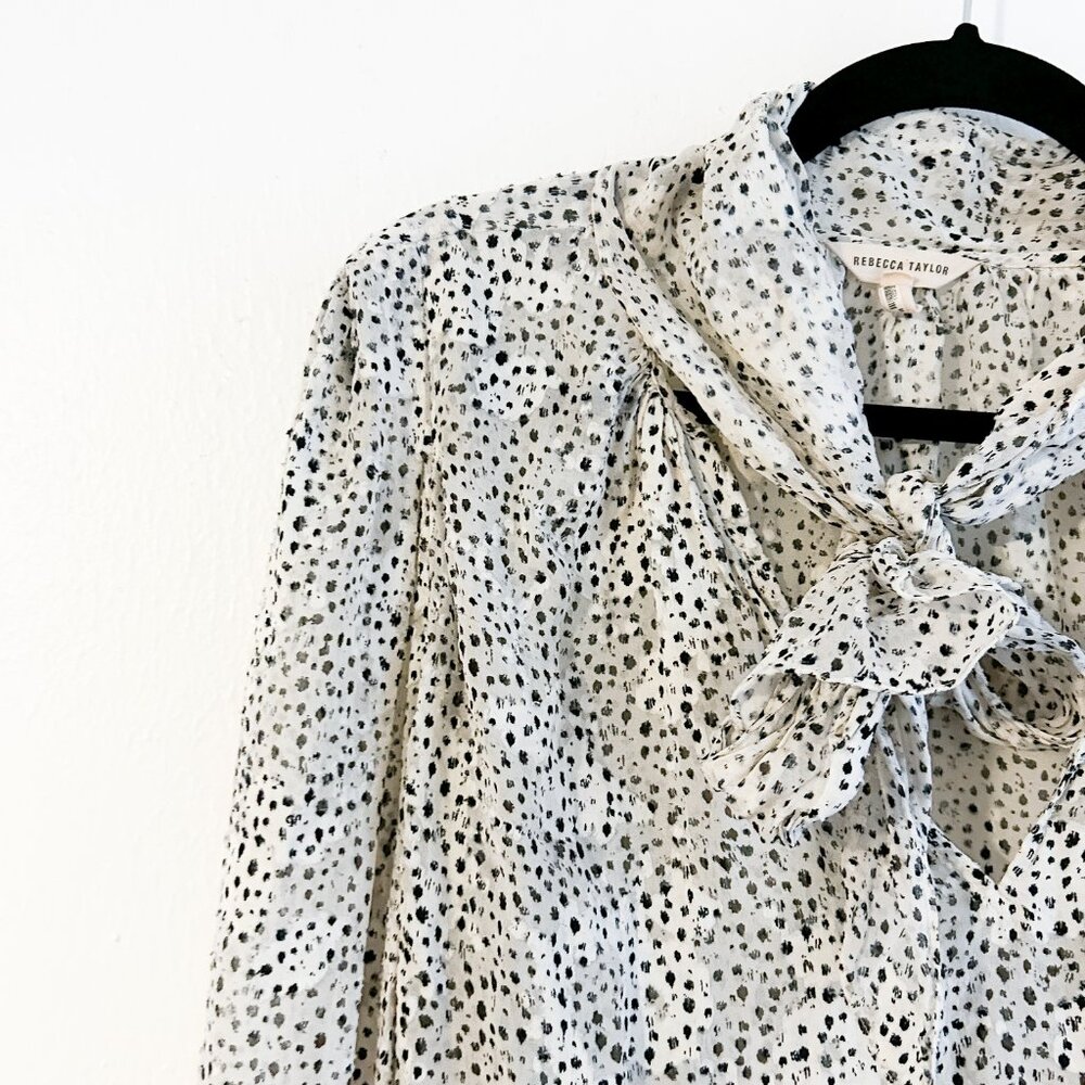 REBECCA TAYLOR Silk Tie Neck Snow Leopard Print Long Sleeve Blouse SZ12 - Picture 3 of 13